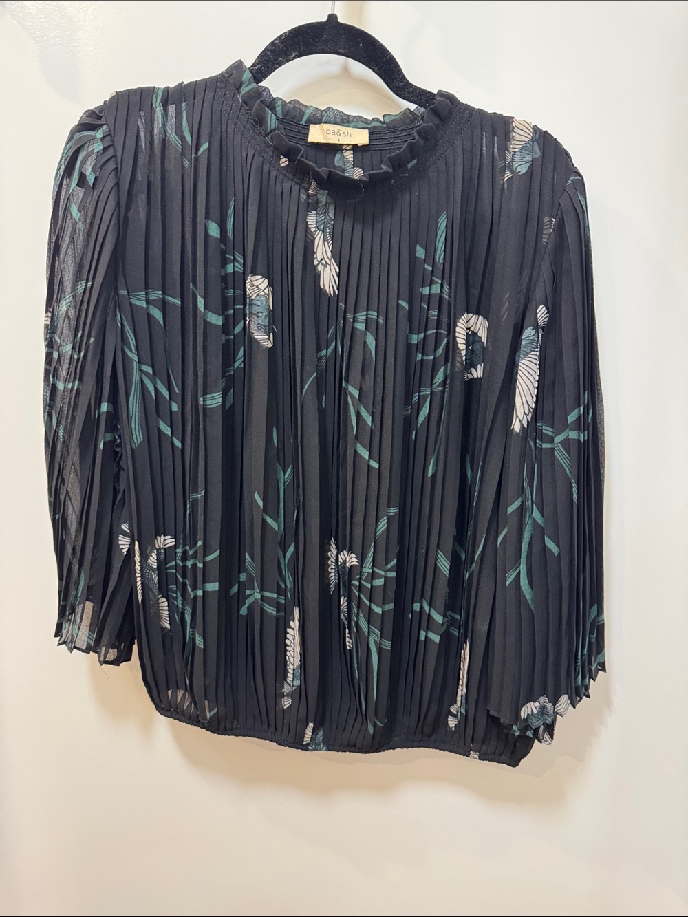 ba&sh Black Pleated Blouse with Green and Cream Floral Print